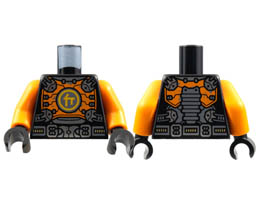Torso Orange Breastplate with Silver Clasps and Buckle, Bright Light Orange Ninjago Logogram C Pattern / Orange Arms / Black Hands: {черен}