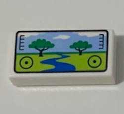 Tile 1 x 2 with Groove with Viewfinder Screen Image of Safari Park with 2 Trees and River Pattern: {бял}