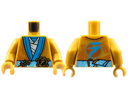Torso Robe, Dark Azure Hems and Sash, Tan Tunic, Ninjago Logogram N Pattern / Pearl Gold Arms / Pearl Gold Hands: {топло златист}