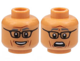 Minifigure, Head Dual Sided, Dark Bluish Gray Eyebrows, Black Glasses, Reddish Brown Contour Lines, Smile / Scared Pattern - Hollow Stud : {нуга}