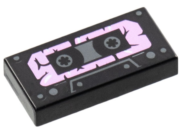 Tile 1 x 2 with Cassette Tape with Bright Pink Tattered Label Pattern: {черен}