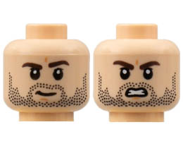 Minifigure, Head Dual Sided, Dark Brown Eyebrows, Black Stubble, Slight Grin / Scowl with Gritted Teeth Pattern - Hollow Stud: {светло нуга}