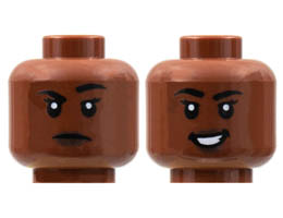 Minifigure, Head Dual Sided Female, Black Eyebrows, Dark Brown Lips, Raised Right Eyebrow / Smile with Teeth Pattern - Hollow Stud: {червеникаво-кафяв}