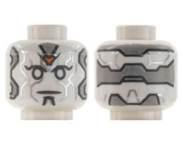 Minifigure, Head Alien Robot with Light Bluish Gray Panels, Silver Lines, and Orange Jewel on Forehead Pattern - Hollow Stud: {бял}