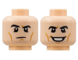Minifigure, Head Dual Sided, Black Eyebrows, Medium Nougat Cheek Lines, Raised Right Eyebrow / Grin with Teeth Pattern - Hollow Stud : {светло нуга}