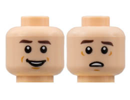 Minifigure, Head Dual Sided, Dark Brown Eyebrows, Small Smile / Scared Pattern - Hollow Stud: {светло нуга}
