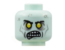 Minifigure, Head Alien Zombie, Black Eyebrows, Yellow Eyes, Open Mouth Showing Teeth, Dark Bluish Gray Splotches Pattern - Hollow Stud : {аквамарин}