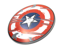 Minifigure, Shield Circular Convex Face with Red and White Rings and Captain America Star, Scratched Weathered Pattern: {тъмно каменно сив}