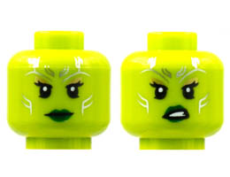 Minifigure, Head Dual Sided Alien Female Silver Tattoos, Gold Eye Shadow, Dark Green Lips, Neutral / Sneer Pattern - Hollow Stud: {ярко жълто-зелен}