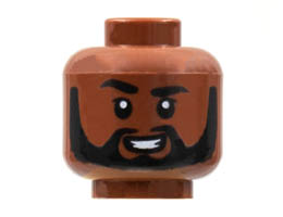 Minifigure, Head Black Eyebrows, Right Raised, Beard, Smile Showing Teeth Pattern - Hollow Stud: {червеникаво-кафяв}