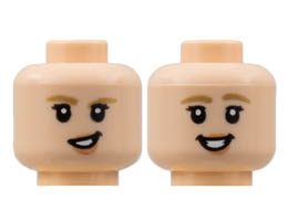 Minifigure, Head Dual Sided Female, Dark Tan Eyebrow, Medium Nougat Lips, Lopsided Grin / Smile with Teeth Pattern - Hollow Stud: {светло нуга}