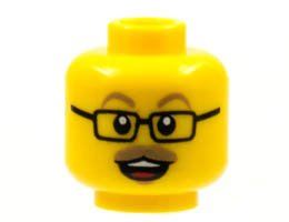 Minifigure, Head Dark Tan Eyebrows and Moustache, Black Glasses, Open Mouth with Teeth and Tongue Pattern - Hollow Stud: {ярко жълт}