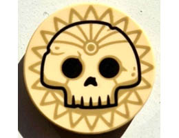Tile, Round 2 x 2 with Bottom Stud Holder with Black Skull Outline on Dark Tan Sun Pattern: {тухлено жълт}