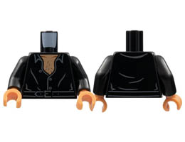 Torso Shirt, Open Collar, Nougat Chest with Dark Bluish Gray Hair, Silver Belt Buckle Pattern / Black Arms / Nougat Hands: {черен}