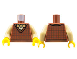 Torso Cardigan Sweater, Dark Brown Crisscross Stripes, White Shirt, Tan Bow Tie Pattern / Tan Arms / Yellow Hands: {червеникаво-кафяв}