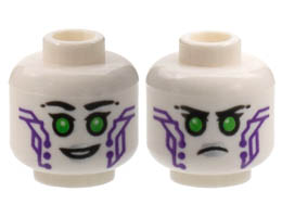 Minifigure, Head Dual Sided Female Alien, Black Eyebrows, Bright Green Eyes, Silver Lips, Dark Purple Circuitry, Smile / Frown Pattern - Hollow Stud : {бял}