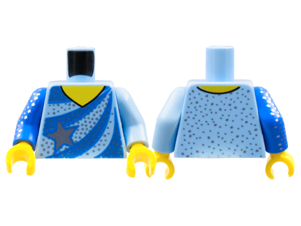 Torso Ice Skating Leotard, Blue Stripes, Silver Star and Speckles Pattern / Bright Light Blue Arm Left / Blue Arm with Silver Star Speckles Right / Yellow Hands: {светло кралско син}