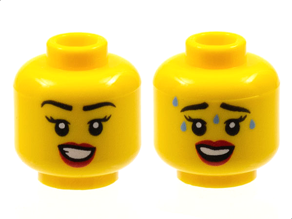 Minifigure, Head Dual Sided Female Black Eyebrows, Red Lips, Smile with Teeth / Worried with Sweat Pattern - Hollow Stud: {ярко жълт}