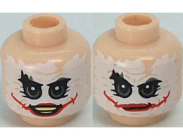 Minifigure, Head Dual Sided, White Mask with Gray Eyes, Red Scars, Grin / Closed Mouth Pattern (The Joker) - Hollow Stud: {светло нуга}