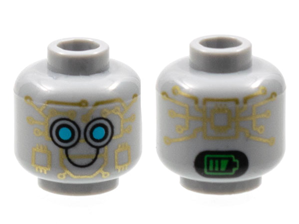 Minifigure, Head Alien Robot with Gold Circuitry, Medium Azure Eyes, Black Smile, and Bright Green Battery Indicator on Back Pattern - Hollow Stud: {умерено каменно сив}