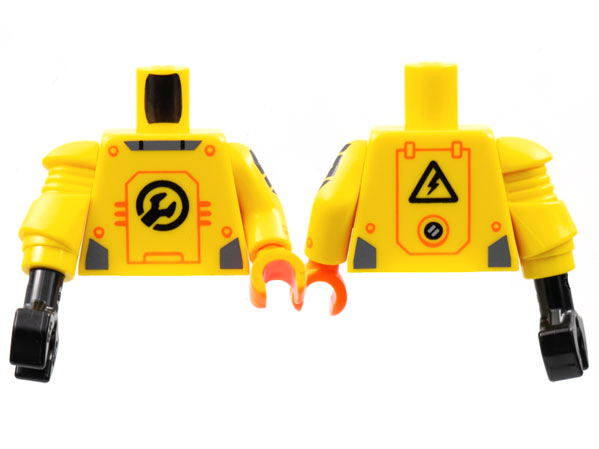 Torso Armor Black Wrench, Orange Panel Lines Pattern / Yellow Arm Left with Black 'S' Pattern and Orange Hand / Yellow Mech Arm and Black Claw Right: {ярко жълт}
