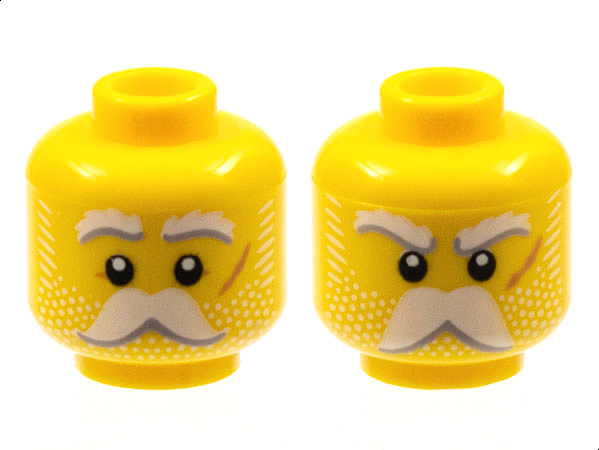 Minifigure, Head Dual Sided White Eyebrows, Moustache, and Whiskers, Medium Nougat Scar on Left Cheek, Neutral / Angry Pattern - Hollow Stud: {ярко жълт}