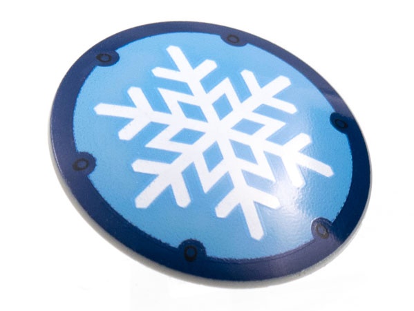 Minifigure, Shield Circular / Round Convex Face with White Snowflake on Medium Blue Background, Dark Blue Border Pattern: {умерено каменно сив}