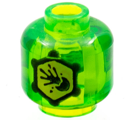 Minifigure, Head without Face with Yellow Hexagon with Black Outline and Exploding Ball Pattern on Both Sides - Vented Stud: {прозрачно ярко зелен}