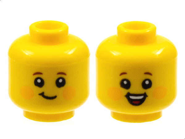 Minifigure, Head Dual Sided Child Reddish Brown Eyebrows, Bright Light Orange Circles on Cheeks, Lopsided Grin / Open Mouth Smile with Top Teeth and Red Tongue Pattern - Hollow Stud: {ярко жълт}