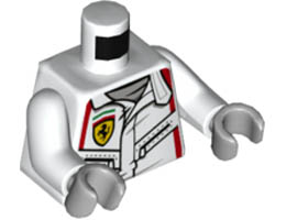 Torso Race Suit with Ferrari Logo, Black Zippers, Red Stripes Pattern / White Arms / Light Bluish Gray Hands: {бял}