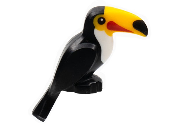 Bird, Toucan with Molded Bright Light Orange Beak and White Chest and Printed Eyes, Tip of Beak, and Red Markings Pattern: {черен}