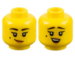 Minifigure, Head Dual Sided Female Black Eyebrows and Beauty Mark, Medium Nougat Lips, Lopsided Grin / Surprised Pattern - Hollow Stud : {ярко жълт}