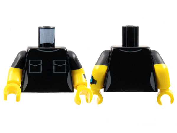Torso Female Dark Bluish Gray Collar and Pockets Pattern / Yellow Arms with Molded Black Short Sleeves and Printed Dark Azure Watch on Left Arm Pattern / Yellow Hands: {черен}