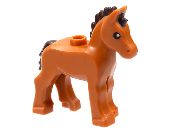 Horse, Foal with Stud on Back with Molded Dark Brown Mane and Tail and Printed Black Eyes Pattern: {тъмно оранжев}
