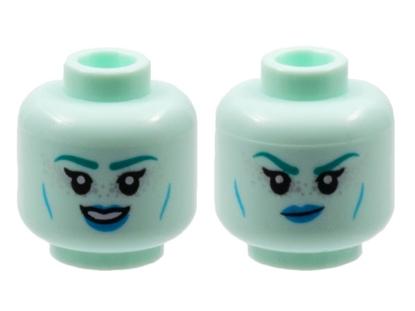 Minifigure, Head Dual Sided Alien Female Dark Turquoise Eyebrows, Silver Freckles, Dark Azure Lips, Cheek Lines, Smile / Scowl Pattern - Hollow Stud: {аквамарин}