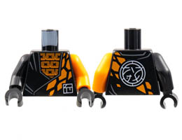 Torso Tunic over Orange Squares, Stone Scales, White Ninjago Logogram C, Core Logo on Back Pattern / Orange Arm Left / Black Arm Right / Black Hands : {черен}