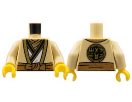 Torso Robe with Gold Hems, White Tunic, Dark Tan Scarf, Copper Sash, Ninjago Logogram MASTER on Back Pattern / Tan Arms / Yellow Hands : {тухлено жълт}