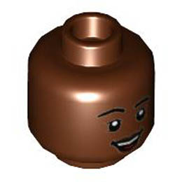 Minifigure, Head Dual Sided Female, Black Eyebrows, Dark Brown Lips, Smile with Teeth / Lopsided Grin with Raised Eyebrow Right Pattern - Hollow Stud : {червеникаво-кафяв}