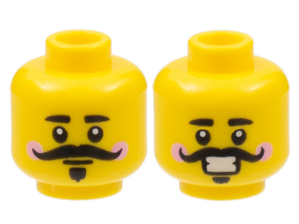 Minifigure, Head Dual Sided, Black Eyebrows, Curly Moustache, Van Dyke Beard, Bright Pink Cheeks, Neutral / Smile with Teeth Pattern - Hollow Stud: {ярко жълт}