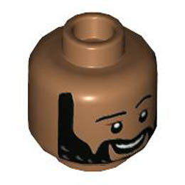 Minifigure, Head Black Eyebrows and Beard with White Spots, Reddish Brown Lines over Eyes, Smile with Teeth Pattern - Hollow Stud: {умерен нуга}