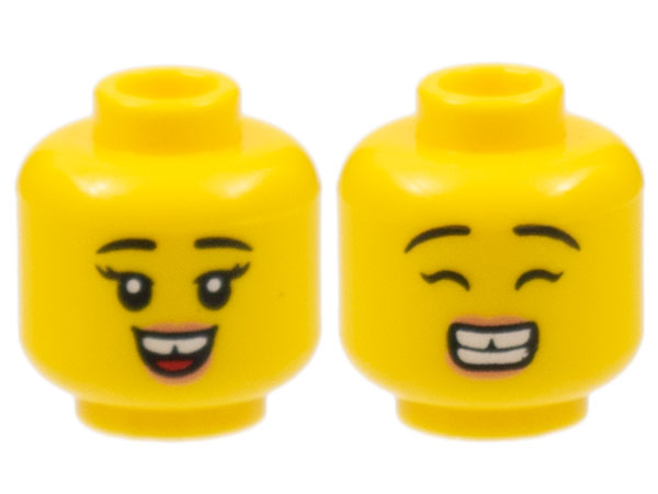 Minifigure, Head Dual Sided Female, Black Eyebrows, Gap in Teeth, Smile with Tongue / Wide Grin with Teeth and Closed Eyes Pattern - Hollow Stud: {ярко жълт}