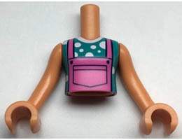 Torso Mini Doll Girl Dark Pink Overalls over Dark Turquoise and White Polka Dots T-Shirt Pattern, Nougat Arms with Hands: {нуга}