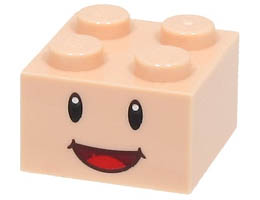 Brick 2 x 2 with Black Eyes, White Pupils, and Dark Red Open Mouth Smile with Red Tongue Pattern (Super Mario Yellow Toad Face): {светло нуга}