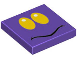 Tile 2 x 2 with Groove with Yellow Oval Eyes with White Pupils and Black Mouth Line Pattern (Ant Trooper Face): {светло виолетов}