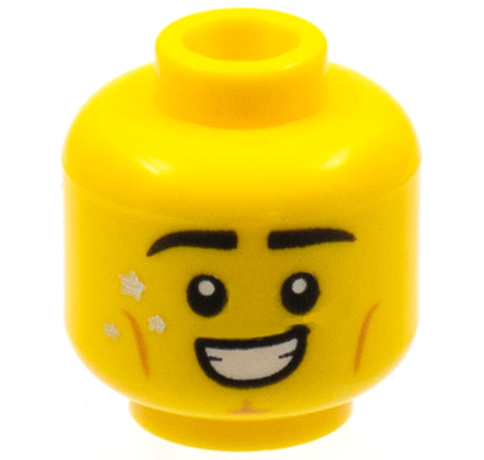 Minifigure, Head Black Eyebrows, Gold Stars, Medium Nougat Cheek Lines and Cleft Chin, Smile with Teeth Pattern - Hollow Stud: {ярко жълт}