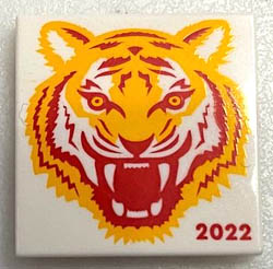 Tile 2 x 2 with Groove with Bright Light Orange and Red Tiger Head and 2022 Pattern (BAM): {бял}