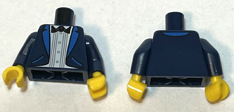 Torso Tuxedo Jacket with Blue Lapels and Pockets, White Shirt, Black Bow Tie Pattern (BAM) / Dark Blue Arms / Yellow Hands: {земно син}