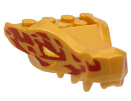 Dragon Head (Ninjago) Jaw with 2 Bar Handles on Back with Bright Light Orange and Bright Light Yellow Eyes and Red Flames Pattern: {топло златист}