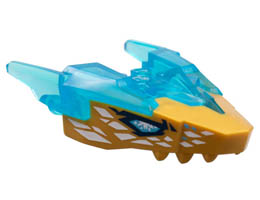 Dragon Head (Ninjago) Jaw Upper with Horns with Molded Pearl Gold Face, Medium Azure Eyes, and White Crystals Pattern: {прозрачно светло син}
