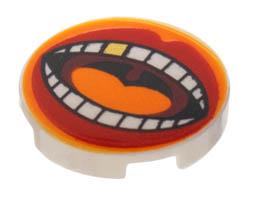 Tile, Round 2 x 2 with Bottom Stud Holder with Large Mouth, Red Lips, Orange Tongue, White Teeth with Gold Tooth Pattern: {бял}
